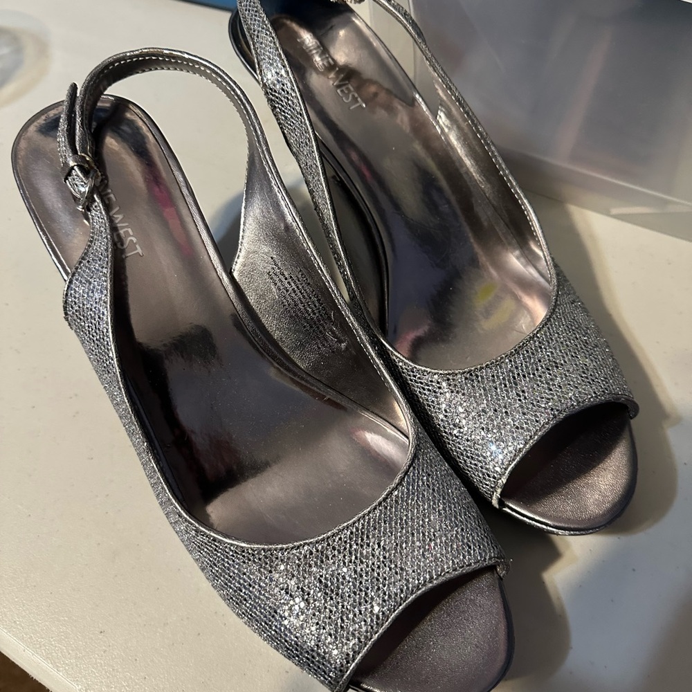 Silver Ninewest Peep Toe Heels